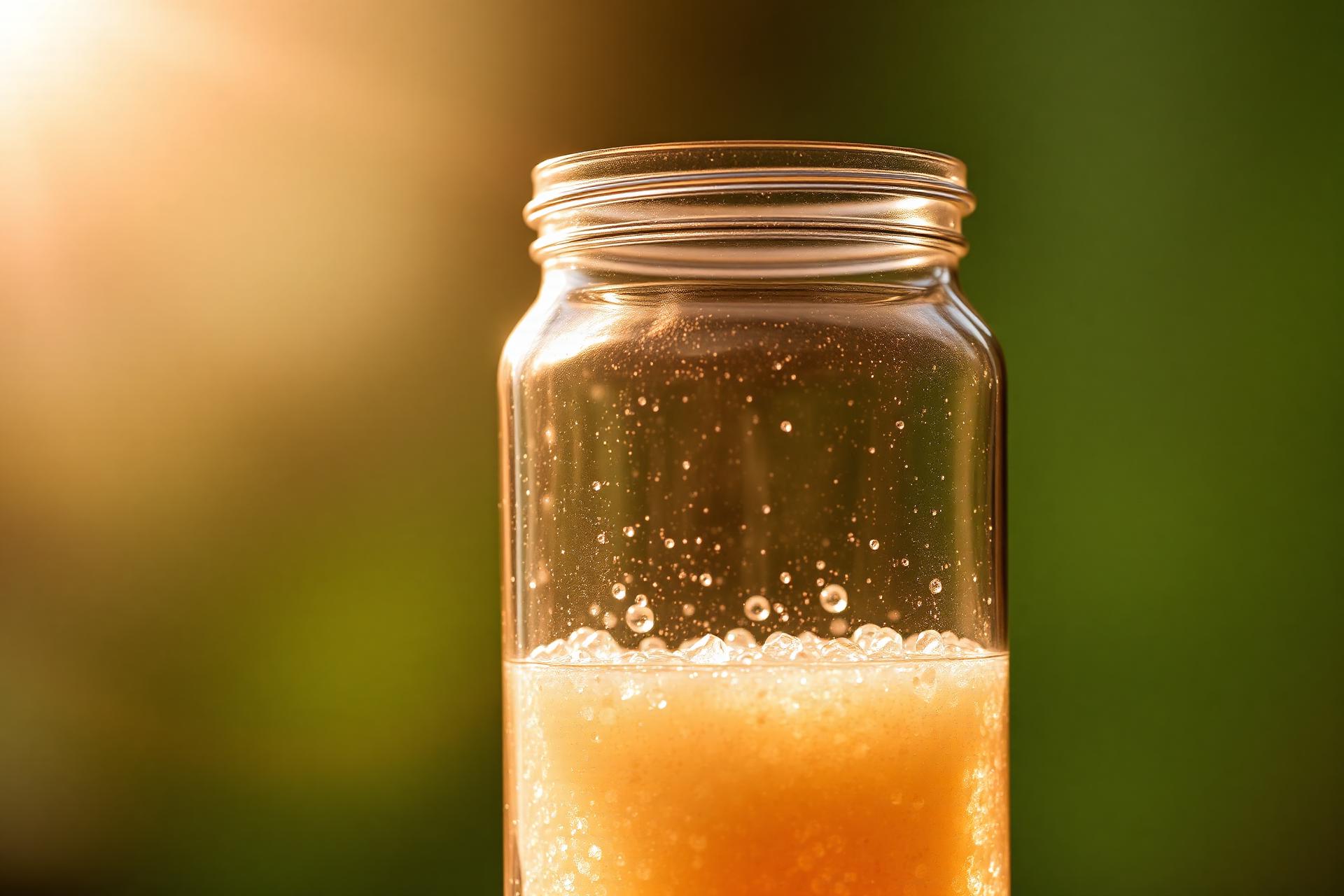 Water kefir grains fermenting in golden light