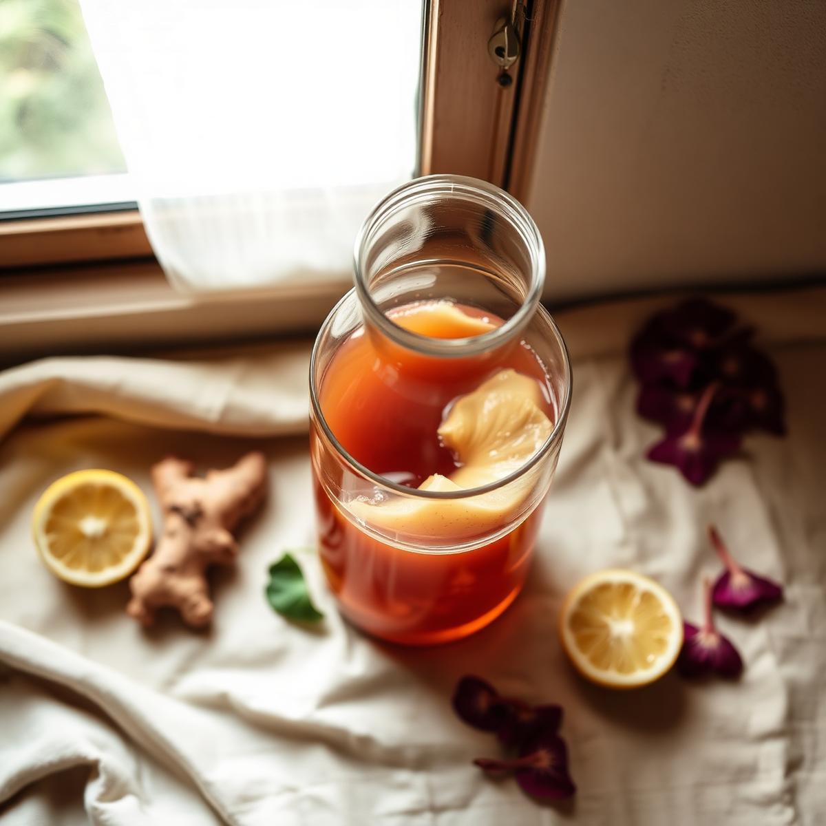 Kombucha SCOBY floating in amber tea